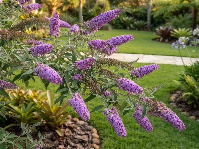 Ramos de buddleia com numerosas espigas florais lilás em diferentes estágios de floração
