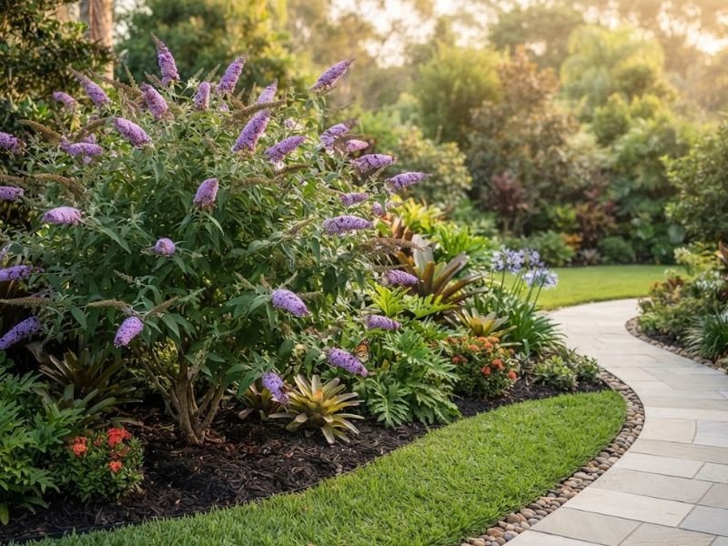 Buddleia florida integrada a canteiro ornamental em jardim residencial bem cuidado