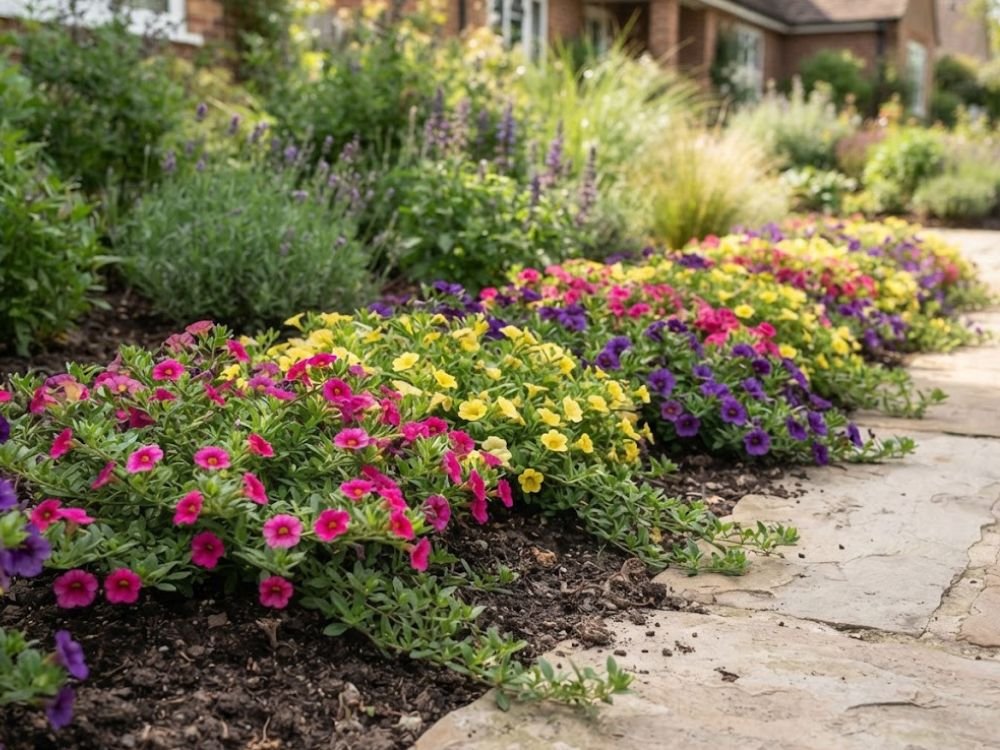 Calibrachoa rosa cultivada em canteiro florido no jardim