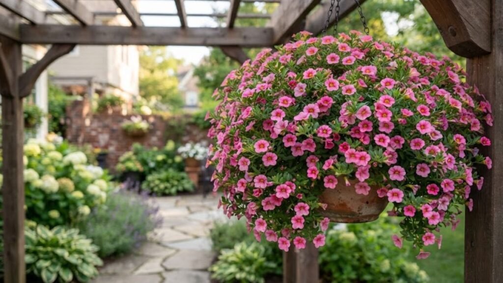 Calibrachoa rosa muito florida em vaso suspenso no pergolado de um jardim