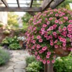Calibrachoa rosa muito florida em vaso suspenso no pergolado de um jardim