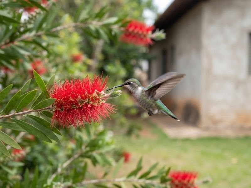 Beija-flor se aproximando de uma flor vermelha de calistemo para buscar néctar.