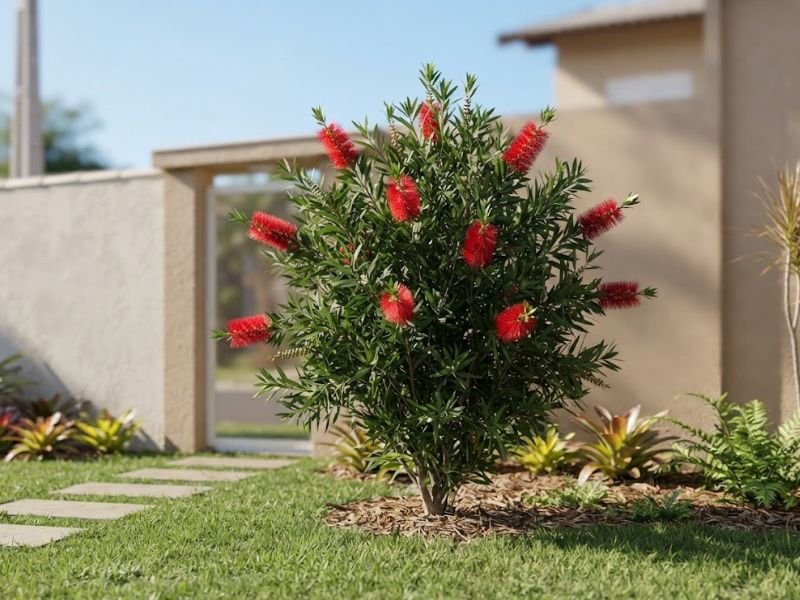 Calistemo adulto com flores vermelhas usado como destaque em jardim residencial.