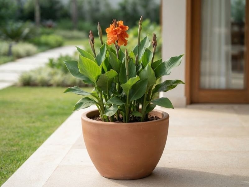 Cana da índia ornamental com flores alaranjadas cultivada em vaso grande de cerâmica sobre uma varanda ensolarada.