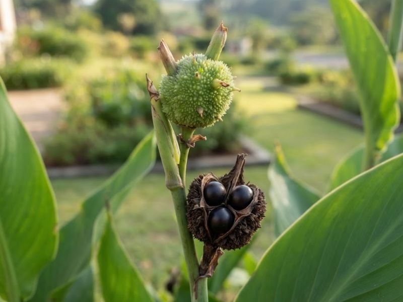 Representação de cápsulas verdes e maduras de cana da índia, com sementes escuras visíveis em uma cápsula aberta.