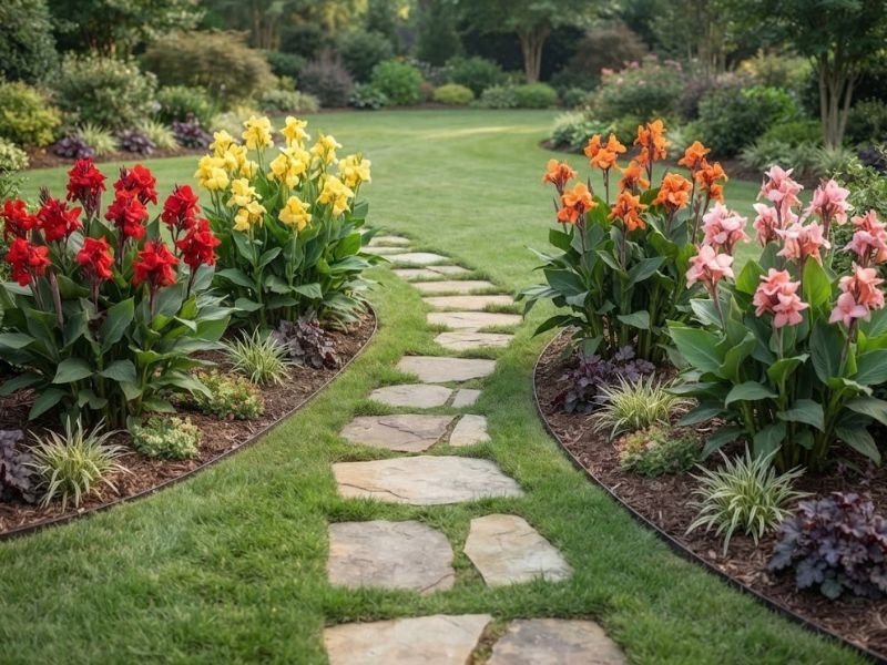 Variedades ornamentais de cana da índia com flores vermelhas, amarelas, alaranjadas e rosadas em canteiros de jardim.