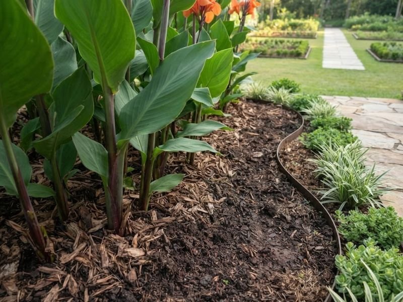 Base de uma touceira de cana da índia cultivada em solo com cobertura orgânica, próxima a um caminho de jardim.