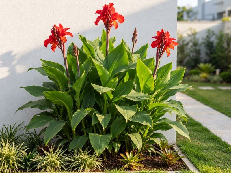 Cana da índia com flores vermelhas recebendo luz solar direta em um canteiro próximo a um muro branco.