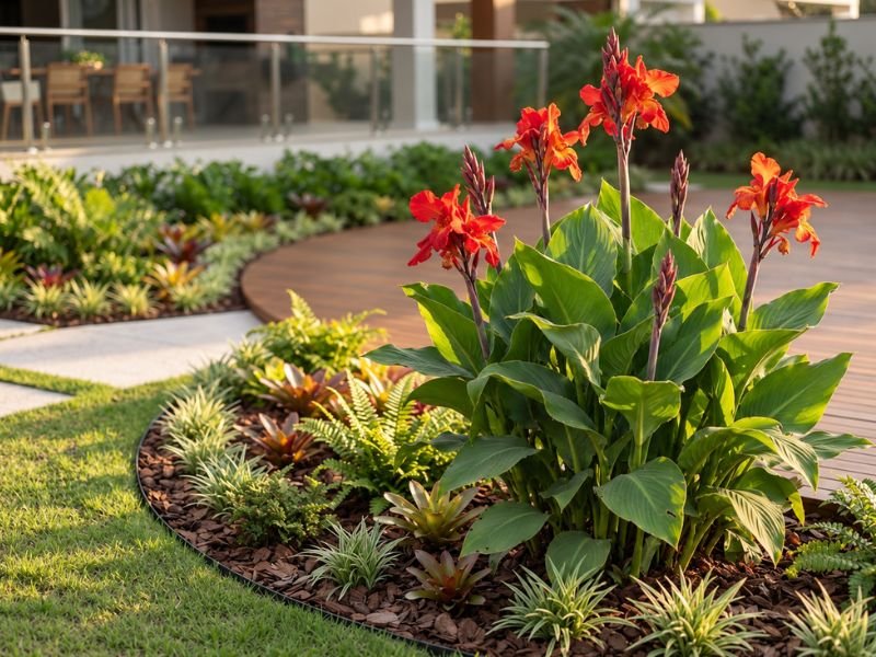 Cana da índia com flores vermelhas e alaranjadas cultivada em um canteiro ornamental próximo a um deck de madeira.