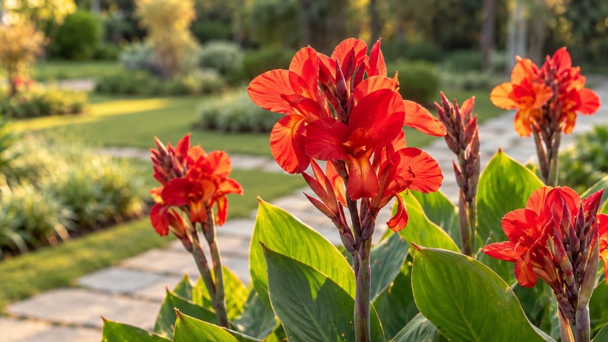 Cana da índia com flores vermelhas e alaranjadas em destaque, folhas verdes largas e jardim desfocado ao fundo.