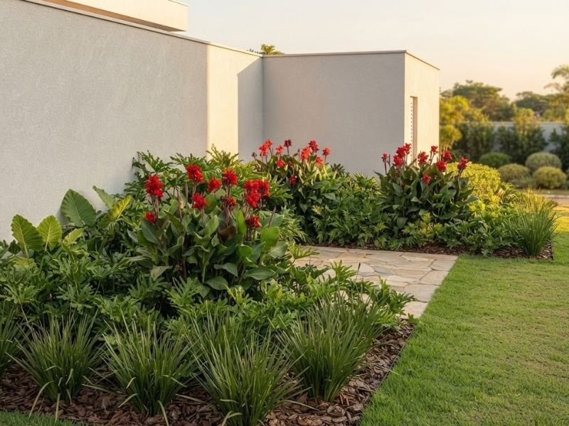 Grupos de cana da índia com flores vermelhas integrados a canteiros ornamentais em jardim residencial contemporâneo.