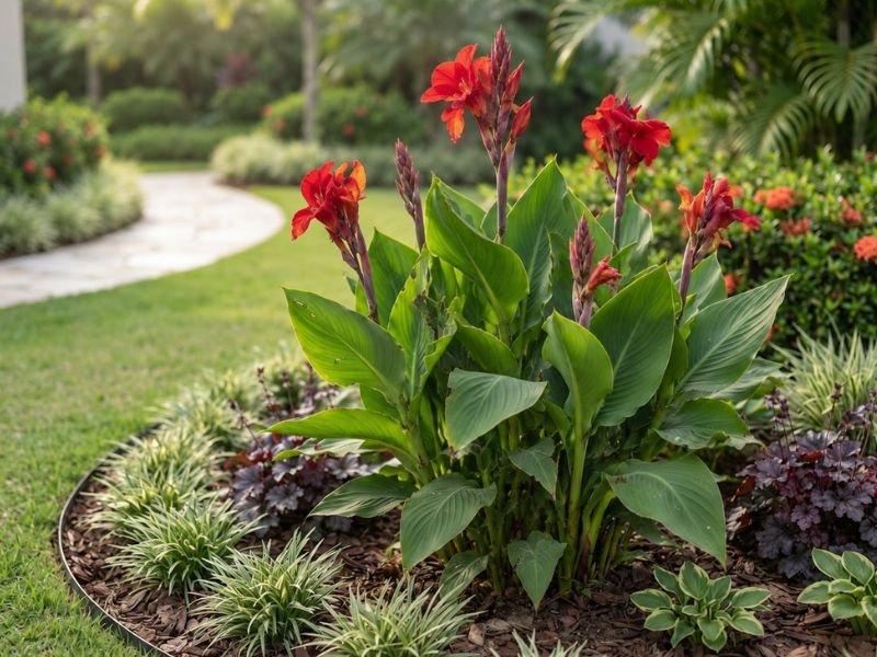 Touceira de cana da índia com folhas verdes largas e flores vermelhas cultivada em canteiro ornamental curvo.