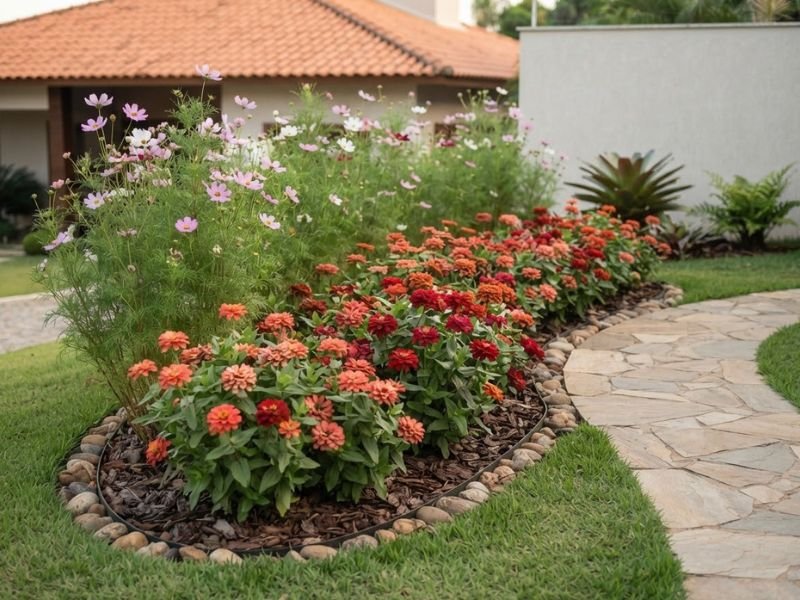 Canteiro com cosmos, zínias e tagetes formando composição florida junto a caminho curvo