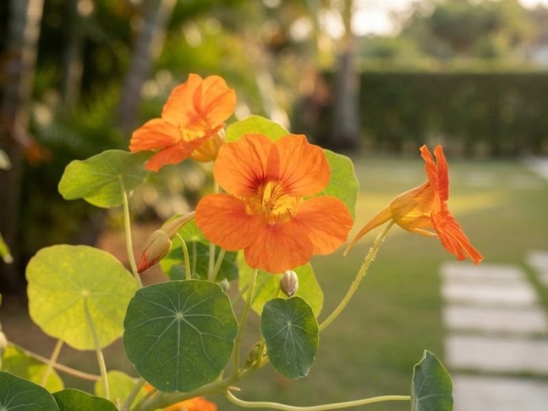 Flores alaranjadas de capuchinha em diferentes estágios de abertura, acompanhadas por botões e folhas verdes arredondadas.