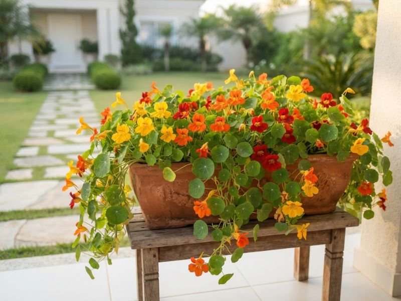 Floreira de terracota com capuchinhas amarelas, alaranjadas e vermelhas, apresentando folhas arredondadas e ramos pendentes.