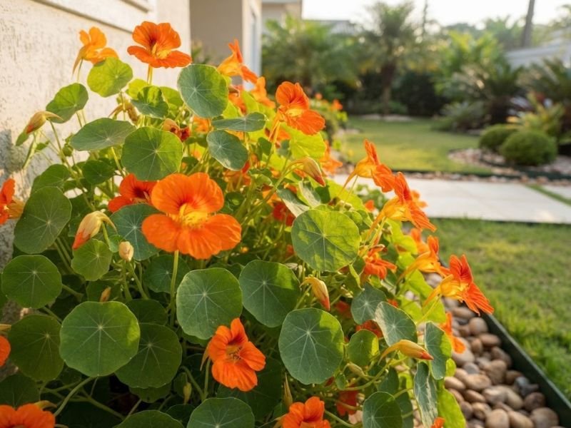 Capuchinha com flores alaranjadas e folhas arredondadas recebendo luz solar em um canteiro junto à parede residencial.