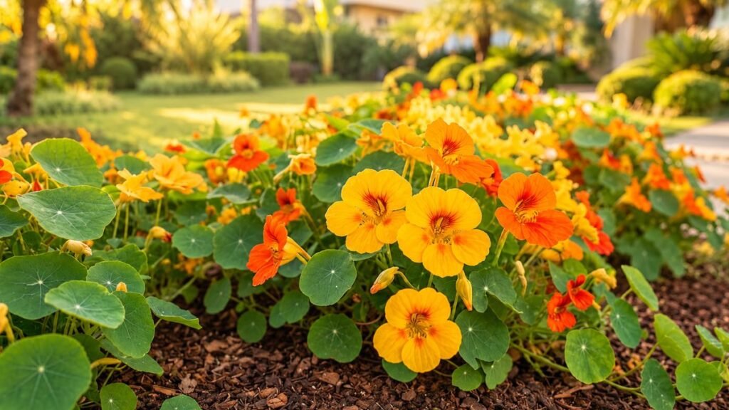 Capuchinha com flores amarelas e alaranjadas em destaque, folhas arredondadas e jardim ornamental iluminado ao fundo.