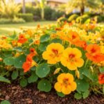 Capuchinha com flores amarelas e alaranjadas em destaque, folhas arredondadas e jardim ornamental iluminado ao fundo.