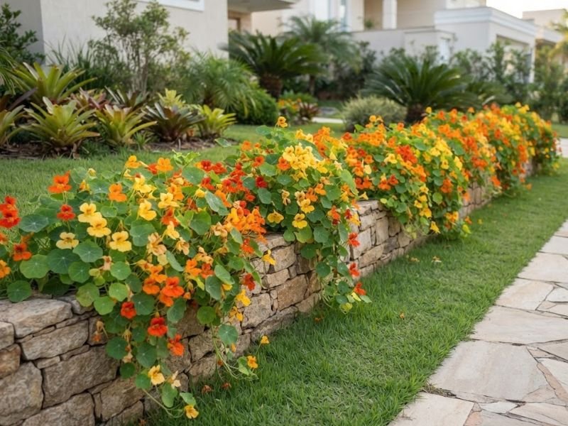 Capuchinhas com flores amarelas, alaranjadas e avermelhadas formando uma bordadura ornamental sobre uma mureta de pedras naturais.