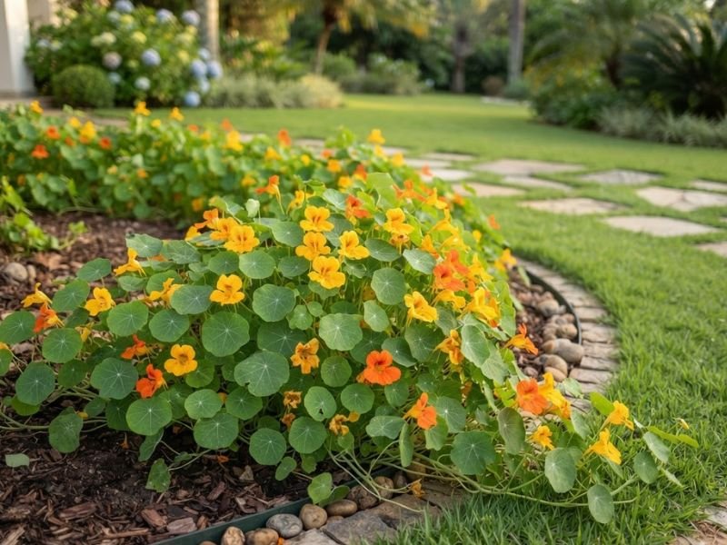 Capuchinha com flores amarelas e alaranjadas e folhas arredondadas formando um canteiro ornamental no jardim.