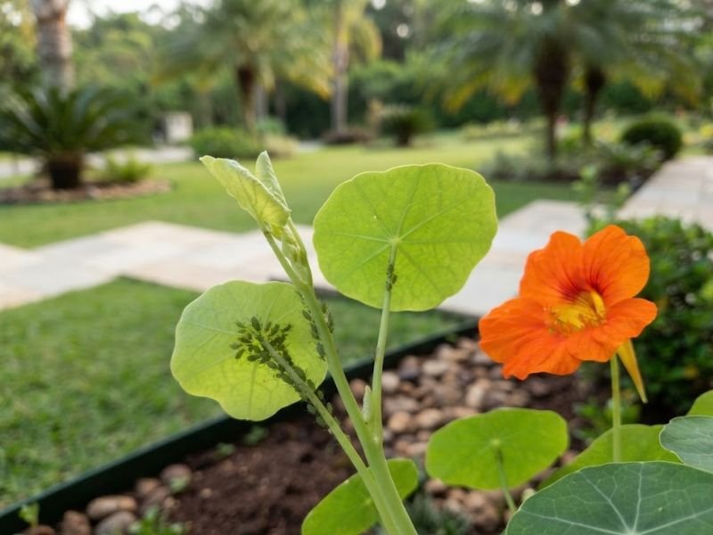 Detalhe de uma capuchinha com pequenos pulgões agrupados na brotação, folhas verdes arredondadas e uma flor alaranjada.