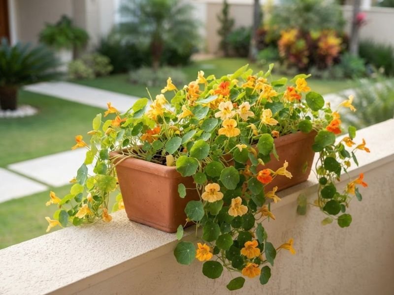 Capuchinha com flores amarelas e alaranjadas cultivada em jardineira de terracota, com ramos pendentes sobre o parapeito.