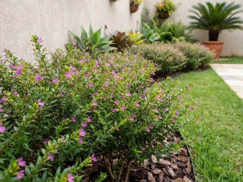 Falsa érica com ramos finos, folhas pequenas e numerosas flores lilás em canteiro.