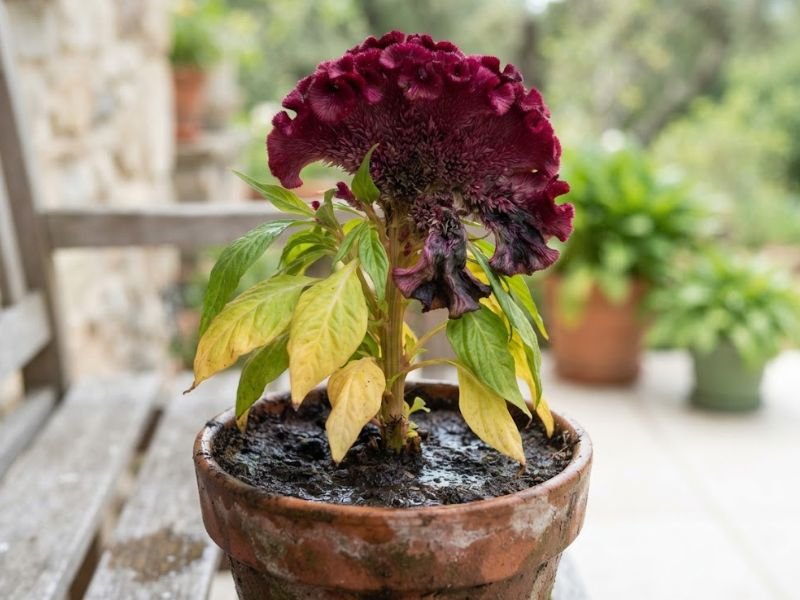Celósia cristata com folhas amarelas e flor escurecida por excesso de água
