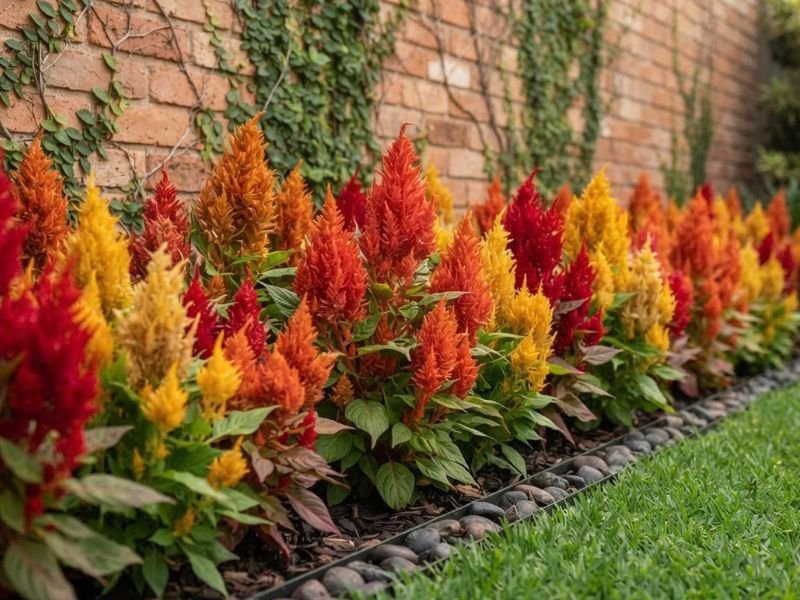Celósias plumosas vermelhas, laranjas e amarelas cultivadas junto a muro de tijolos