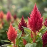 Celósias plumosas rosas, vermelhas e amarelas em jardim com fundo desfocado