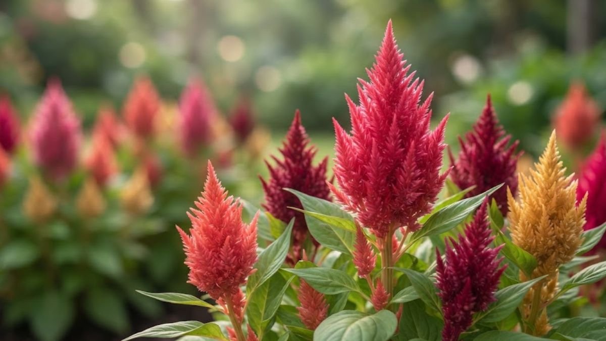 Celósias plumosas rosas, vermelhas e amarelas em jardim com fundo desfocado