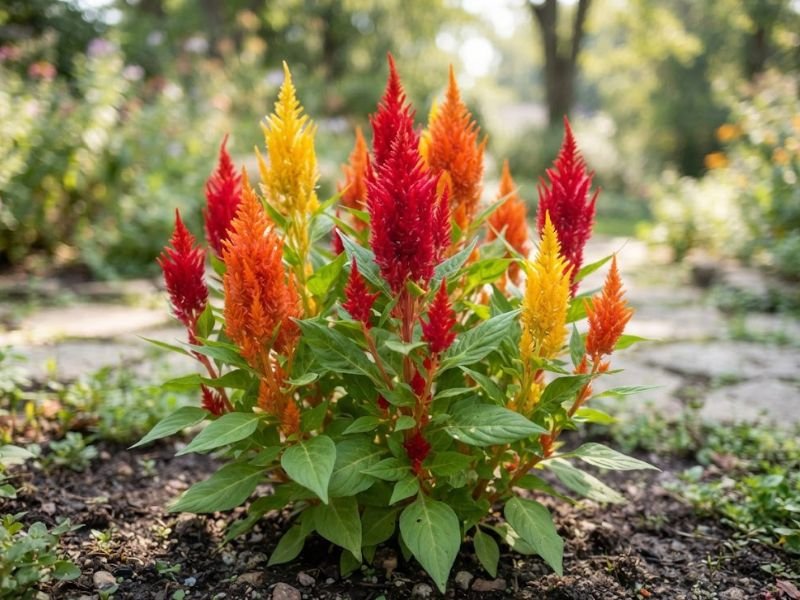 Celósia plumosa com flores vermelhas, amarelas e alaranjadas em formato de pluma