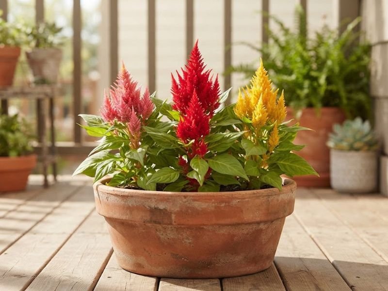 Celósias plumosas compactas e coloridas cultivadas em vaso de terracota