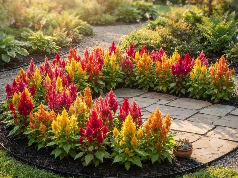 Celósias plumosas coloridas formando uma borda florida no jardim