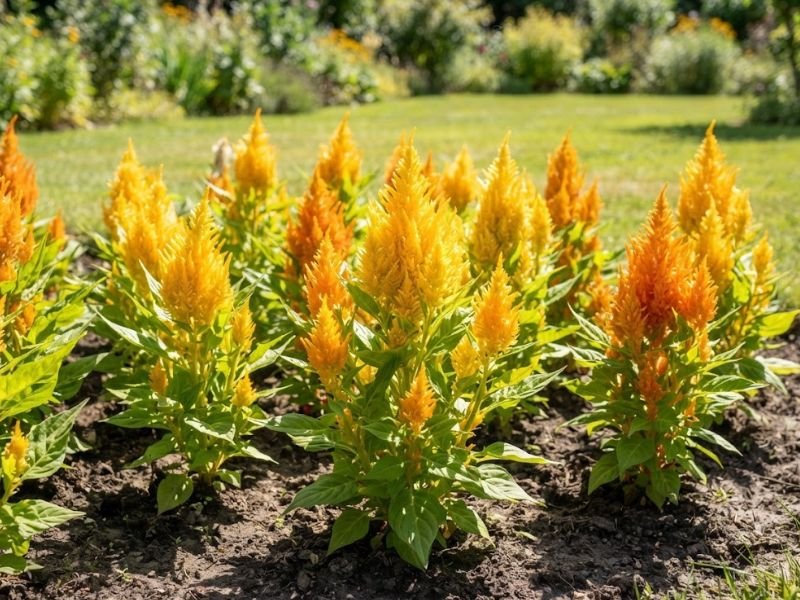 Celósias plumosas amarelas e alaranjadas cultivadas sob sol direto