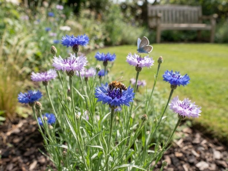 Abelha e pequena borboleta visitando flores de centáurea azul e lilás no jardim.