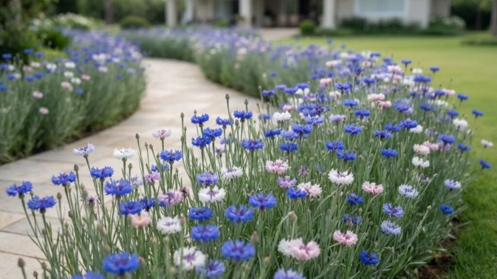 Bordadura de centáureas azuis, brancas, rosadas e lilases ao lado de um caminho curvo em jardim residencial bem cuidado.