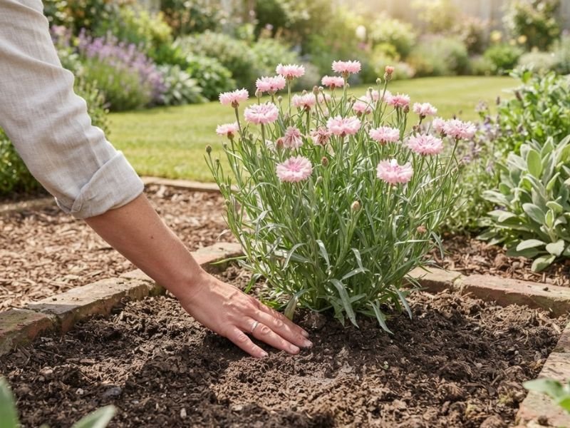 Mão verificando a umidade do solo ao lado de uma centáurea rosa cultivada em canteiro.