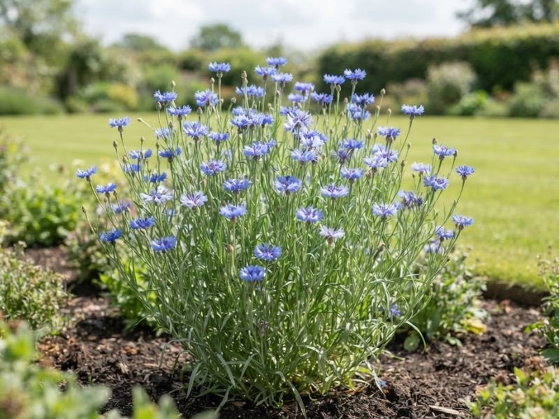 Centáurea azul-clara em plena floração em canteiro ensolarado do jardim.
