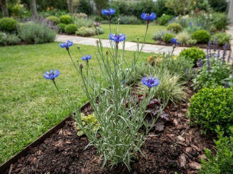 Planta de centáurea azul com hastes finas, folhas estreitas e flores recortadas em canteiro de jardim.