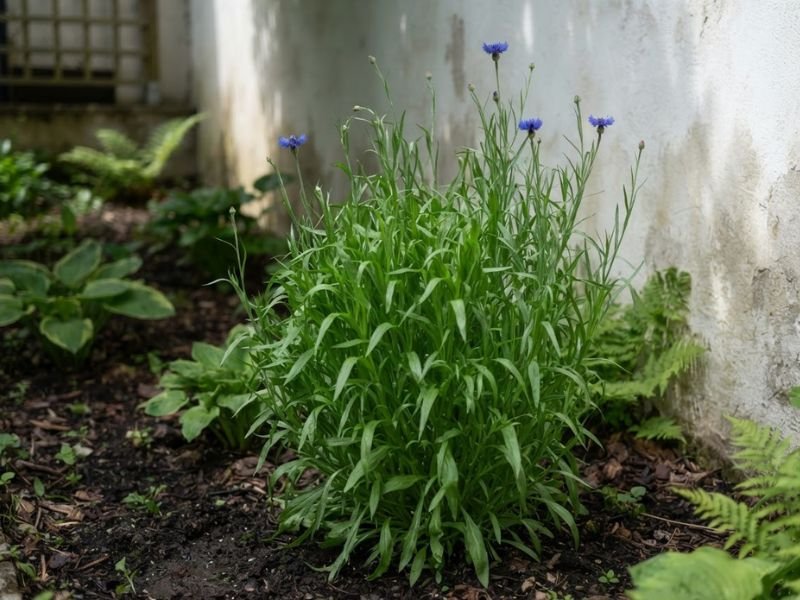 Centáurea com bastante folhagem verde e poucas flores azuis em área de pouca luz junto ao muro.