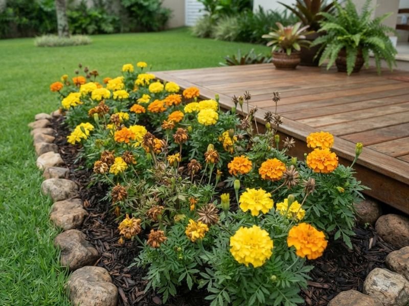 Tagetes em diferentes fases de floração mostrando o ciclo das flores anuais
