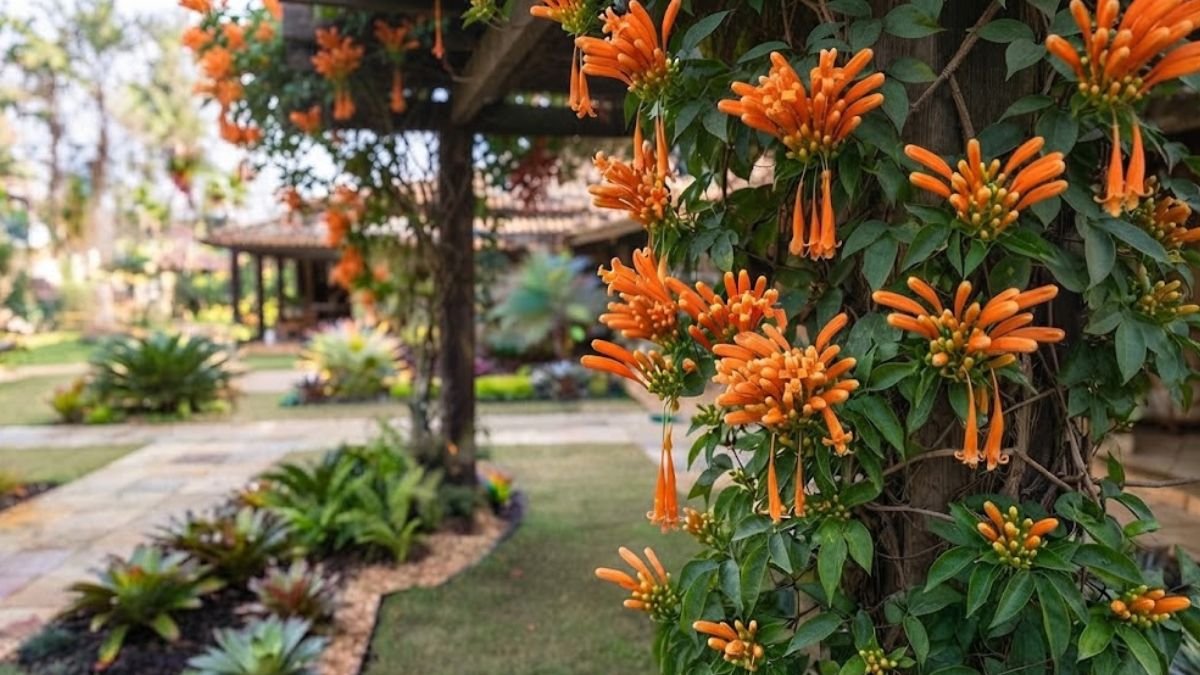 Cipó de são joão com cachos de flores alaranjadas em destaque no lado direito, crescendo sobre pergolado em jardim residencial bem cuidado.