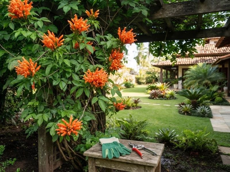 Cipó de são joão florido ao lado de luvas e tesoura de jardinagem em área residencial.