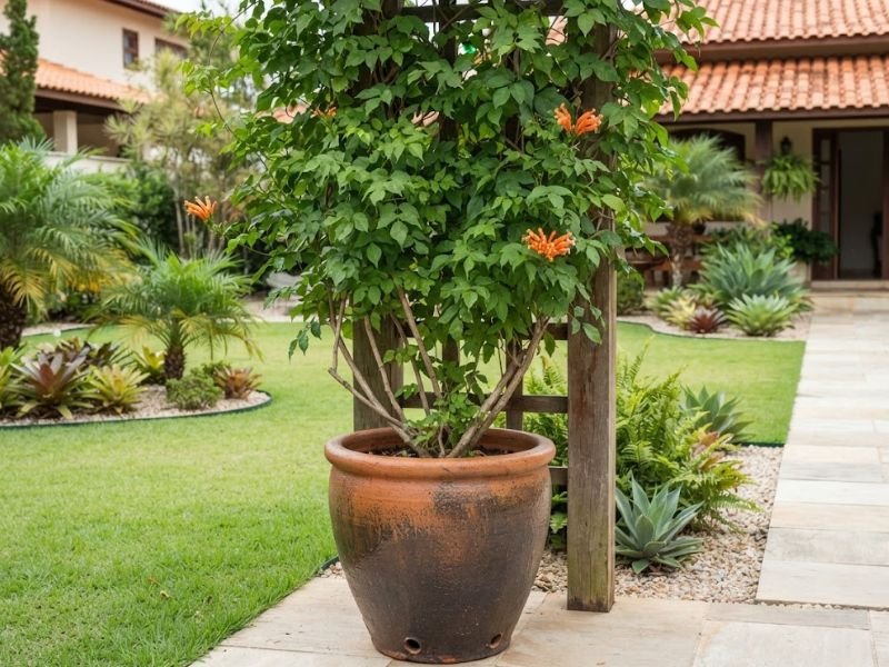 Cipó de são joão cultivado em vaso grande com suporte vertical e alguns cachos de flores alaranjadas.