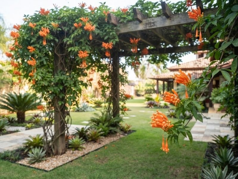 Cipó de são joão ornamentando pergolado de madeira com cachos alaranjados em jardim residencial bem cuidado.