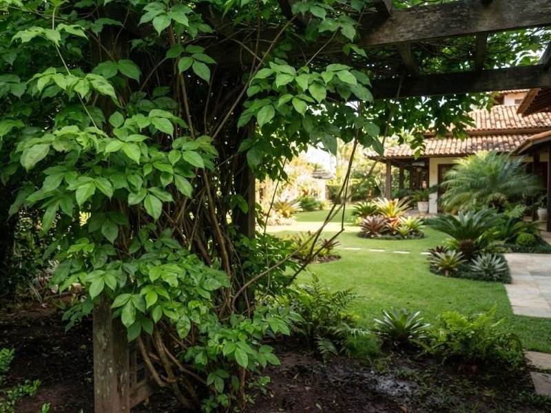 Cipó de são joão com muitos ramos e folhas verdes, mas sem flores, crescendo em área sombreada do jardim.