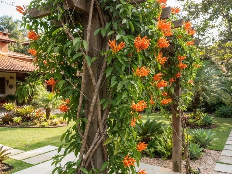 Cipó de são joão adulto com ramos vigorosos, folhas verdes e cachos de flores alaranjadas crescendo em estrutura de madeira.