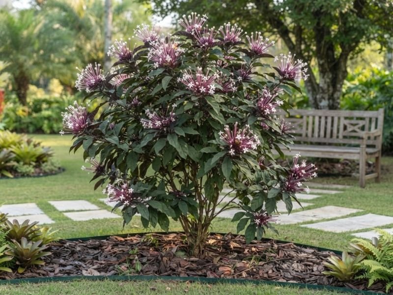 Clerodendro cotonete florido, cultivado como arbusto em canteiro de jardim residencial com gramado e caminho de pedras.