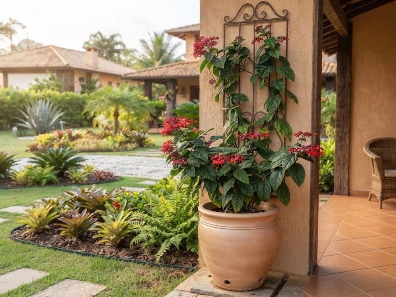 Clerodendro vermelho cultivado em vaso grande com treliça de apoio